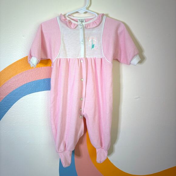 Vintage Baby Dior Footie Girls M 3-6 Months Pink Striped Embroidered Ruffle - Picture 1 of 8